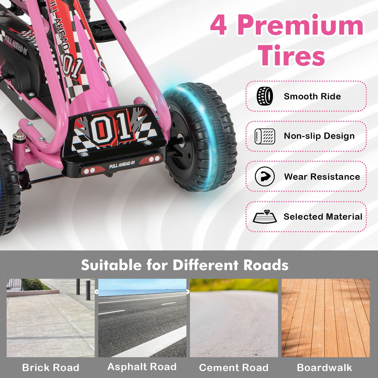 Kids Pedal Go Kart 4-Wheel Ride On Car Adjustable Seat Handbrake Non-Slip Wheels No Battery Outdoor Racing Toy Boys Girls Ages 3 4 5 6 Birthday Christmas Gift