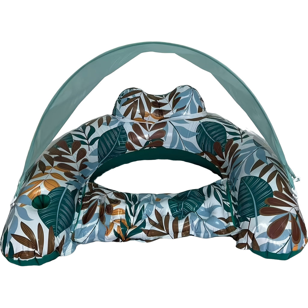Inflatable Pool Float with Canopy & Cup Holder – Tropical Leaf Adult Floating Lounger for Pool Beach Lake River, Summer Party Raft with Sun Shade