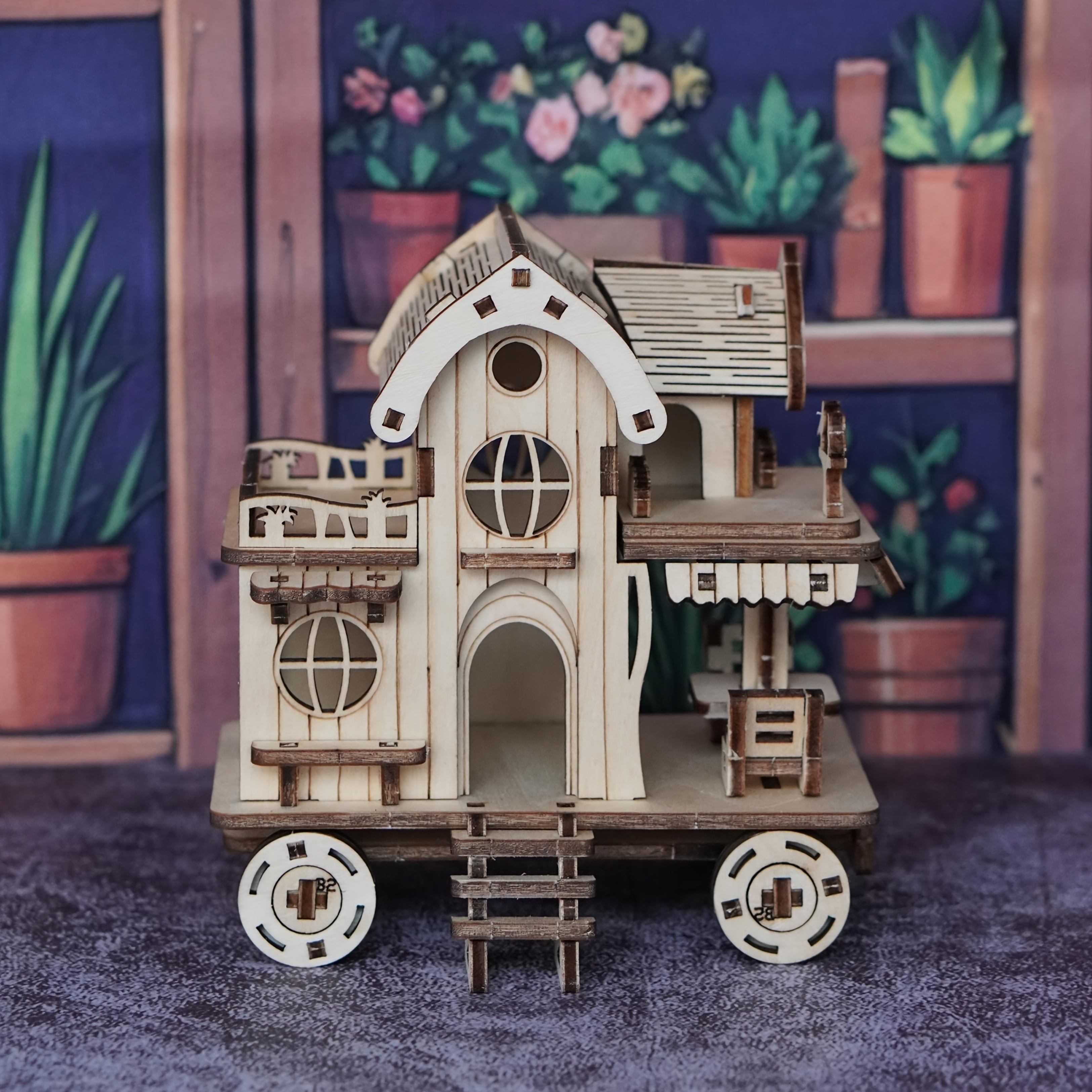 3D Wooden Puzzle Villa Model Kit, Mobile Café Bar on Wheels Handcrafted Wood Assembly Building Blocks, Creative DIY Brain Teaser Gift for Adults Teens & Kids