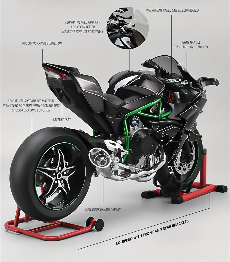 Die-Cast Motorcycle Model with Realistic Sound Effects & Exhaust Spray – 1:6 Scale Alloy Replica with LED Lights, Rotating Wheels & 8 Accessories, Collector Gift for Motorcycle Enthusiasts