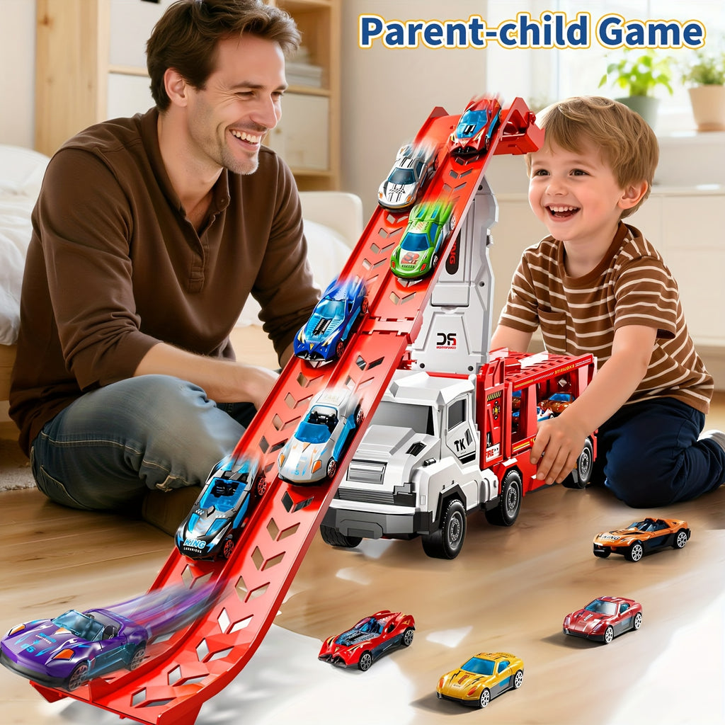 3-in-1 Kids Carrier Truck Toy with Car Tracks, 12 Racing Cars, Foldable Race Track & Garage – Toddler Birthday Gift for Boys Girls Ages 3+, Red