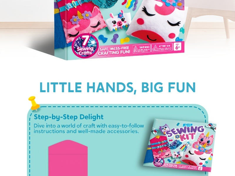 Kids Felt Sewing Kit 6 Beginner Projects Mini Pillows Keychains Card Holders DIY Craft Gift for Girls Boys Ages 6 Plus Birthday Christmas