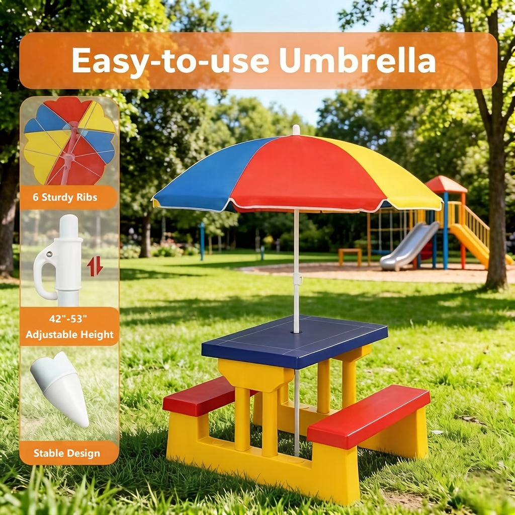 Kids Picnic Table with Umbrella and Bench Set, Seats 4 Children, 2-in-1 Indoor Outdoor Activity Table for Backyard Garden Patio, Safe PP Foldable Umbrella Kids Furniture, Birthday Holiday Gift Ages 2-6
