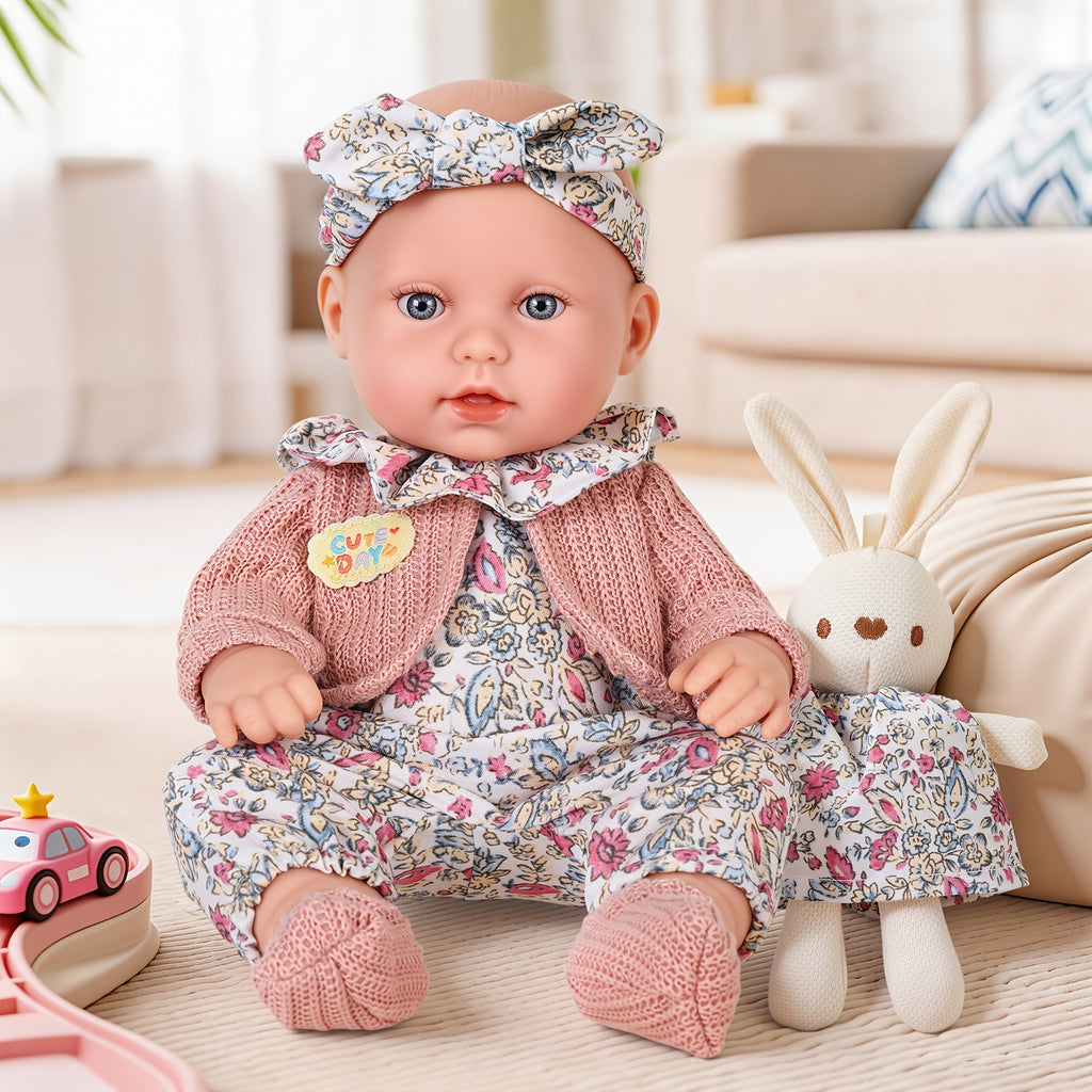 12 Inch Dress-Up Baby Doll Set with Floral Clothes Headscarf Socks & Toy Rabbit – Vinyl Girl Doll Playset for Kids Ages 3+ Birthday Christmas Gift (Beige & Pink)