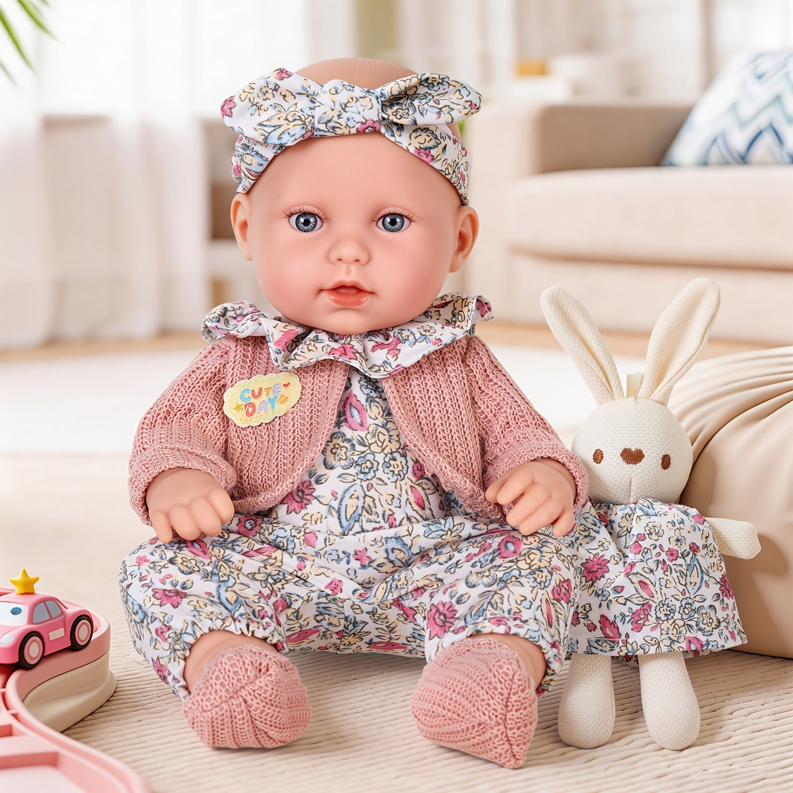 12 Inch Dress-Up Baby Doll Set with Floral Clothes Headscarf Socks & Toy Rabbit – Vinyl Girl Doll Playset for Kids Ages 3+ Birthday Christmas Gift (Beige & Pink)