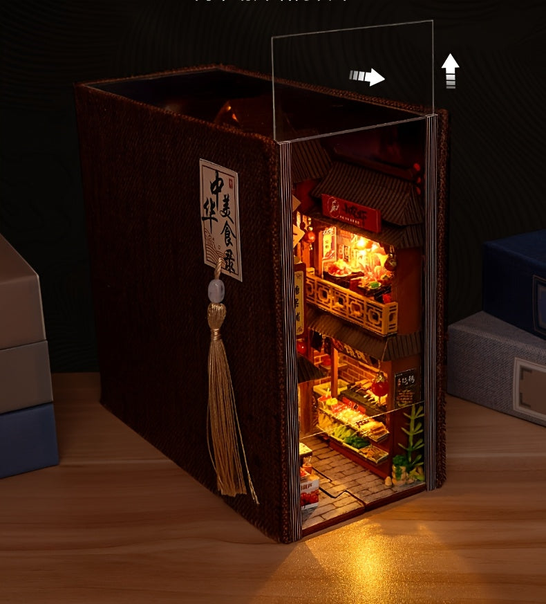 Book Nook Kit DIY Miniature Chinese Food Street – 3D Wooden Puzzle Bookshelf Insert Dollhouse Home Decor Gift for Teens Adults Birthday Christmas No Glue No Battery