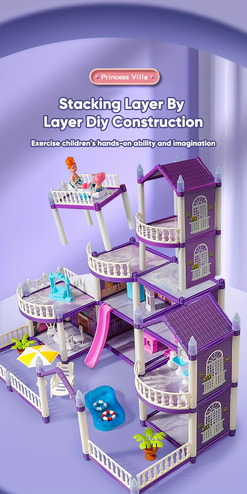 Dollhouse for Girls Ages 3-10 with Doll Figures Puppies Furniture Accessories LED Light - 6 to 16 Room Purple Playhouse, Imaginative Pretend Play Toy, Birthday Christmas Easter Gift for Girls