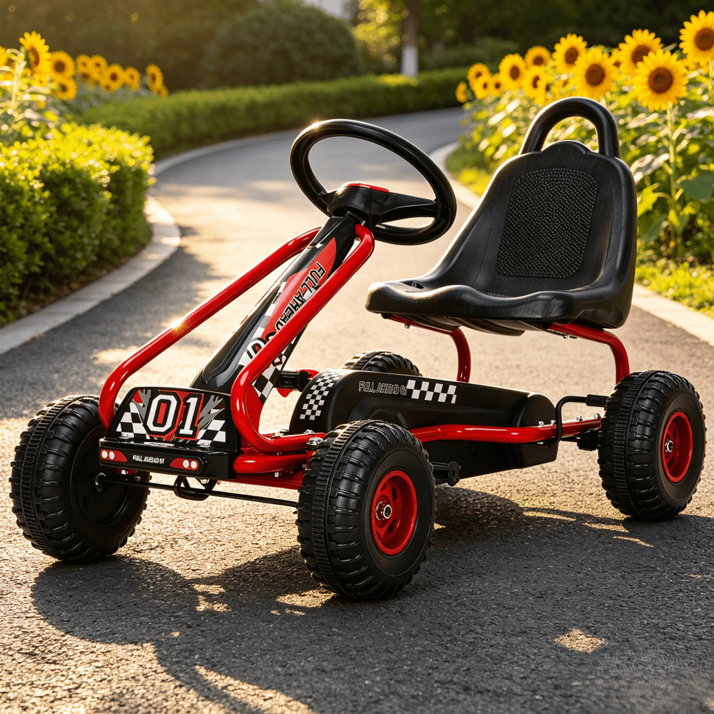 Kids Pedal Go Kart 4-Wheel Ride On Car Adjustable Seat Handbrake Non-Slip Wheels No Battery Outdoor Racing Toy Boys Girls Ages 3 4 5 6 Birthday Christmas Gift