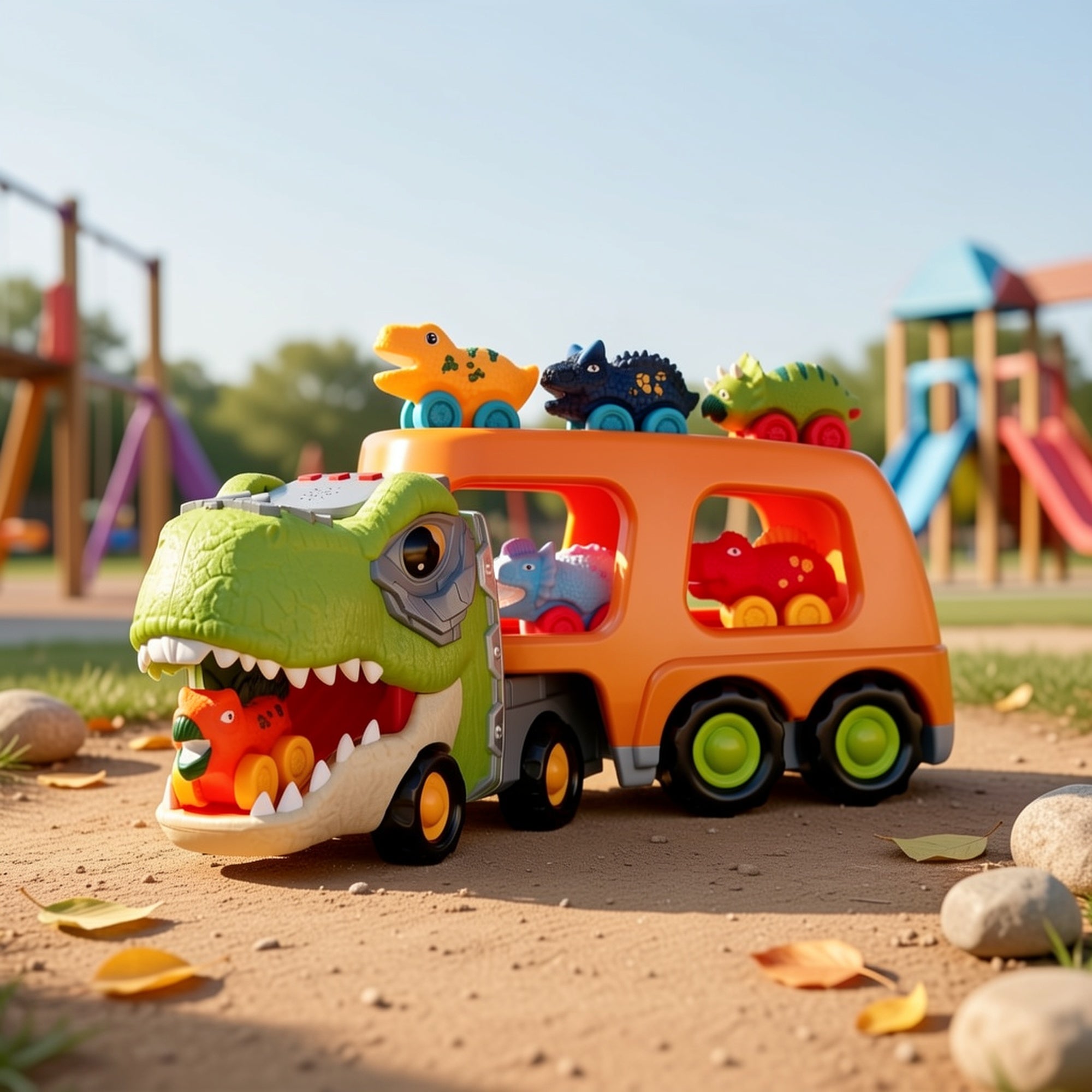 Dinosaur Car Carrier Truck Toy for Kids with 6 Rubber Dino Vehicles, Sliding Ramp, Music & LED Lights – 2-Level Storage, Birthday Christmas Gift for Boys & Girls Ages 3+