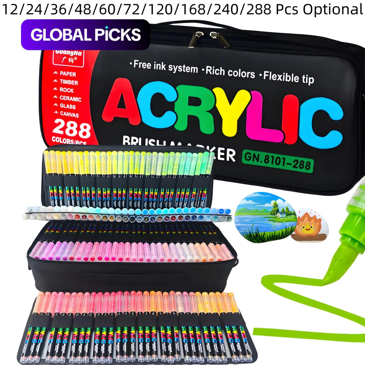 Acrylic Paint Pens with Automatic Ink Control, Guangna Brush Tip Markers for Rock, Wood, Glass, Canvas, Fabric & Ceramic DIY Crafts