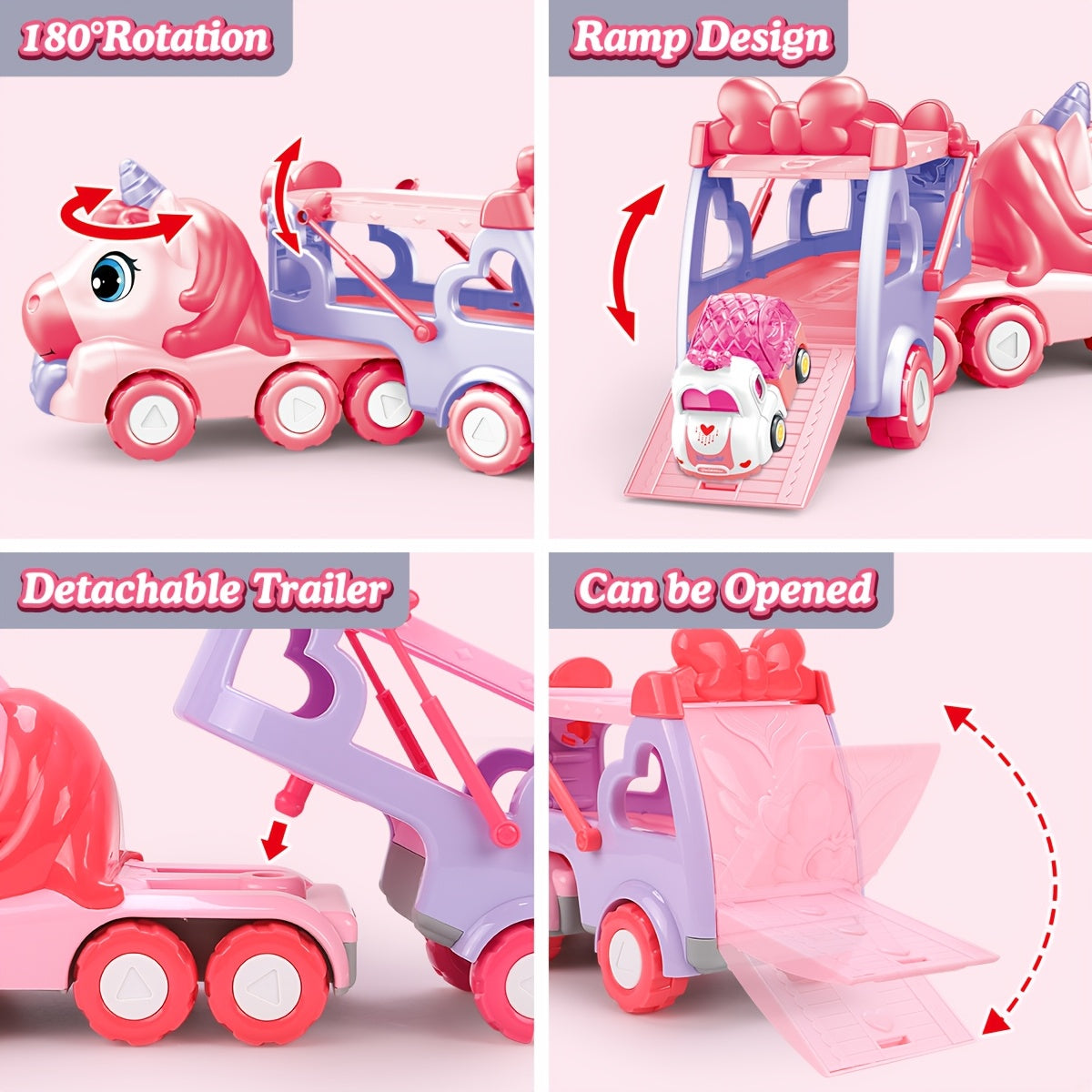 Pink Carrier Truck Toy with 4 Mini Cars Pull-Back Music Lights - Transport Vehicle Toy for Toddlers Ages 3+, Birthday Easter Gift for Boys & Girls