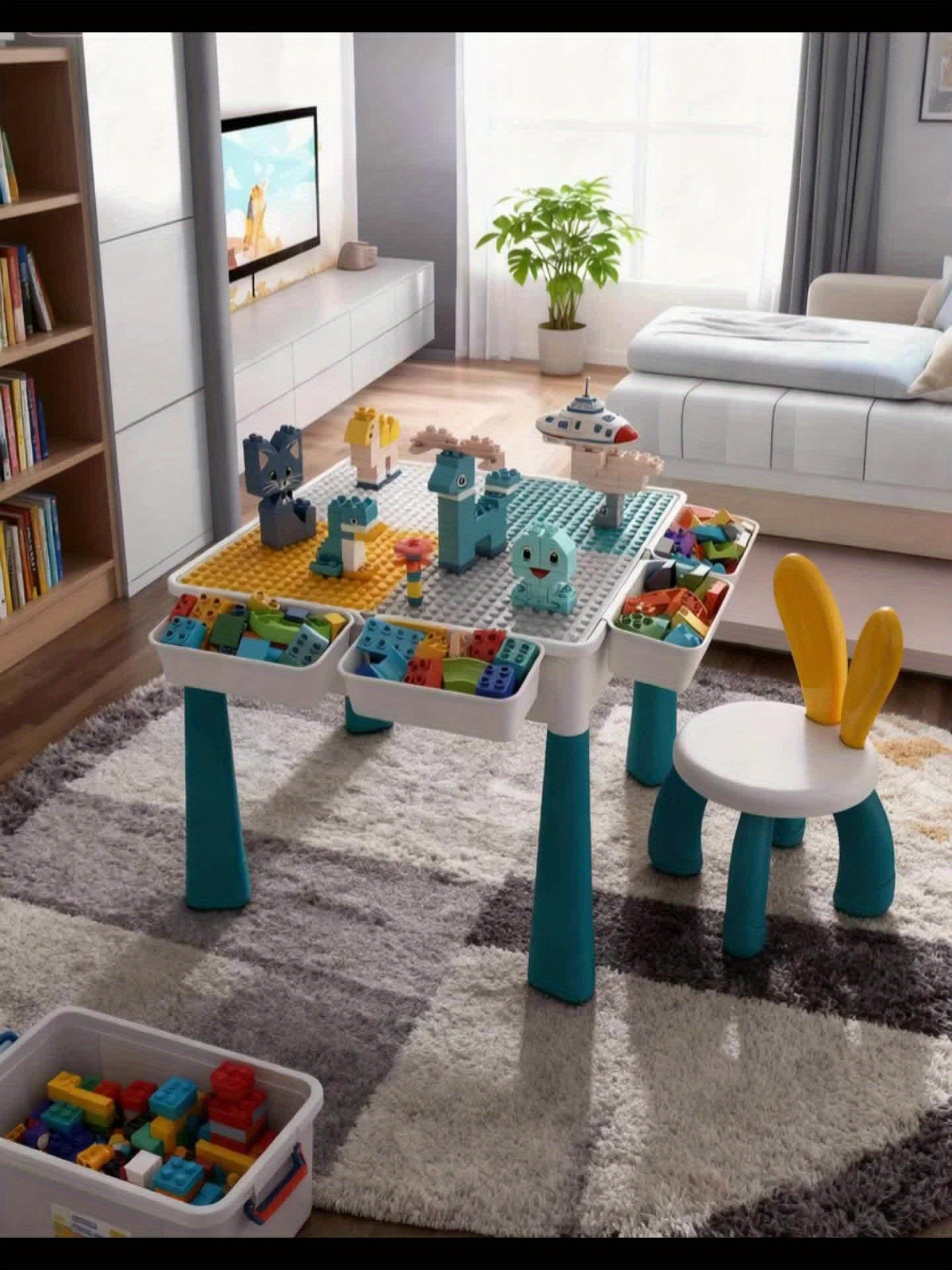 Kids Activity Table with Building Blocks All-in-One Toddler Play Table – Space-Saving Corner Design Durable ABS Plastic, Multifunctional Learning Desk Gift for Boys Girls Ages 1-6 Christmas Birthday