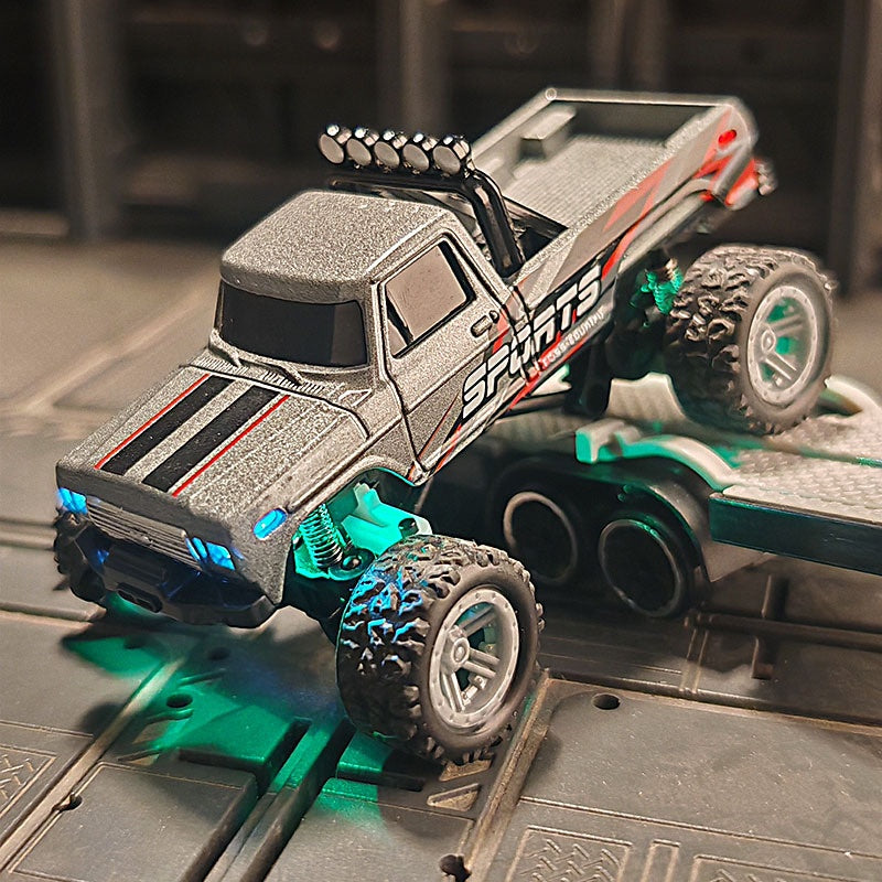 1:64 Mini RC Alloy Monster Truck with Trailer - 2.4GHz Off-Road Pickup Rock Crawler, Body Lights & Headlights, Tabletop Decor, Birthday Christmas Gift for Boys