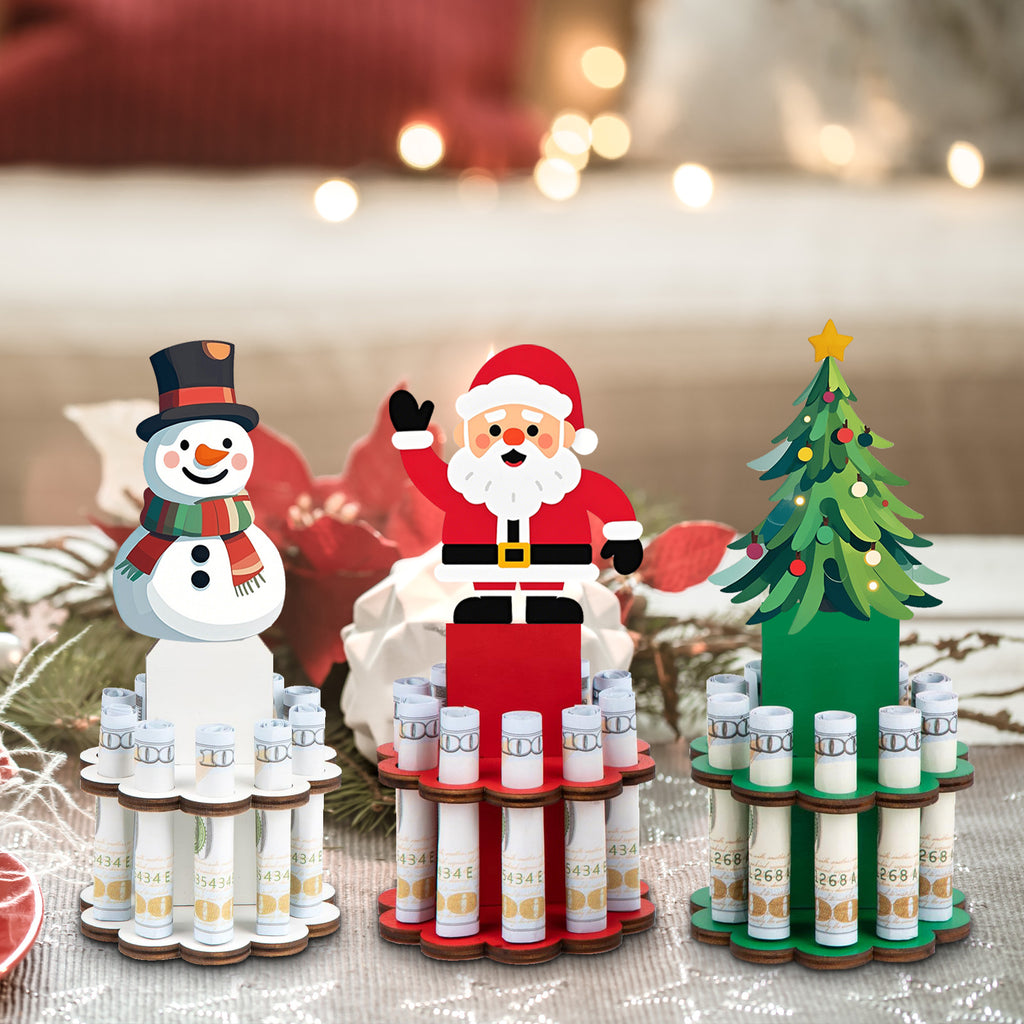 Christmas Money Holder Tree 3-Set Wooden Money Dispenser with 10 Holes – Xmas Ornament Table Decor for Holiday Party Favors Winter Gift Giving