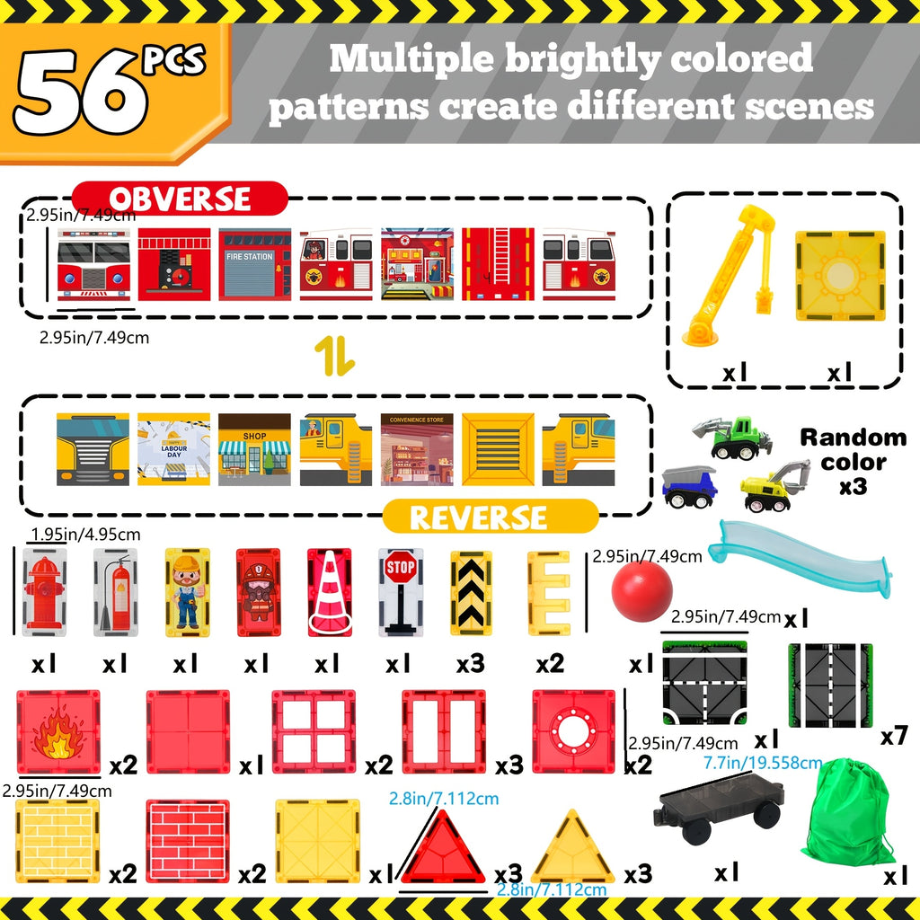 Magnetic Tiles Fire Rescue Set for Kids Ages 3+ – STEM Construction Toy with Fire Truck, Crane, Building & Road Tiles – Firefighting Magnetic Building Blocks Birthday Christmas Gift for Boys & Girls