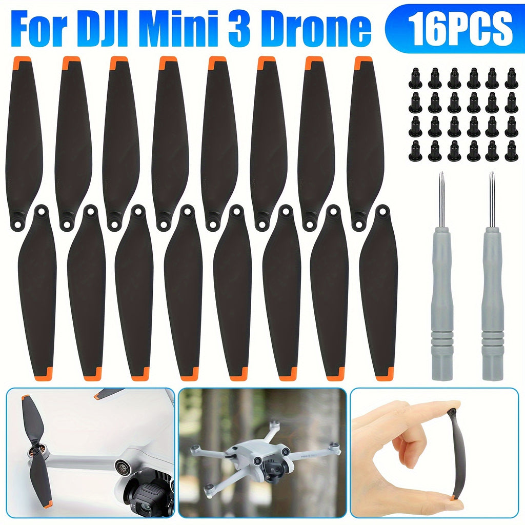 DJI Mini 3 Replacement Propellers 16pcs Low-Noise Quick-Release Drone Blades with Screws & Screwdrivers – Lightweight Durable Drone Accessories for Extended Flight Time