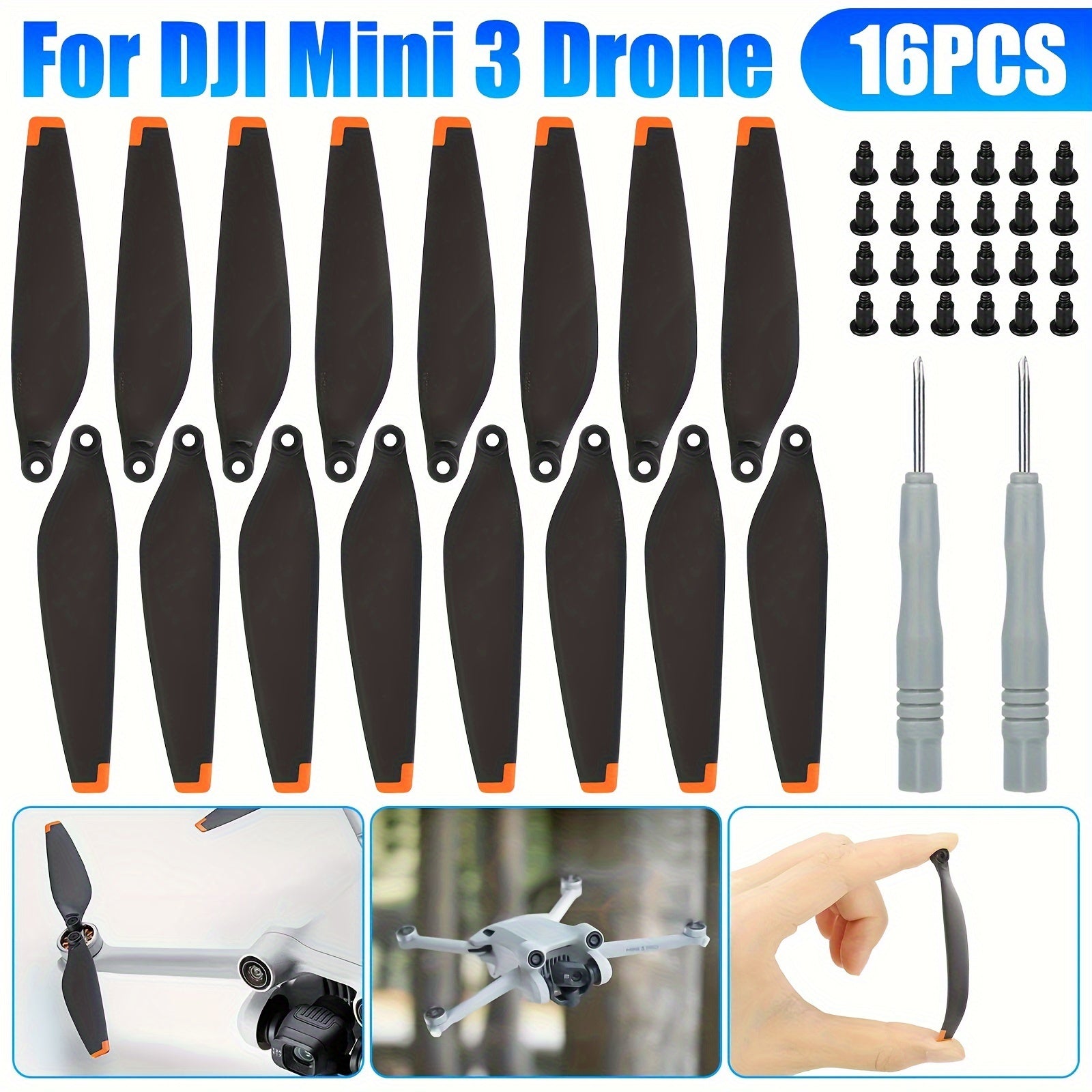 DJI Mini 3 Replacement Propellers 16pcs Low-Noise Quick-Release Drone Blades with Screws & Screwdrivers – Lightweight Durable Drone Accessories for Extended Flight Time