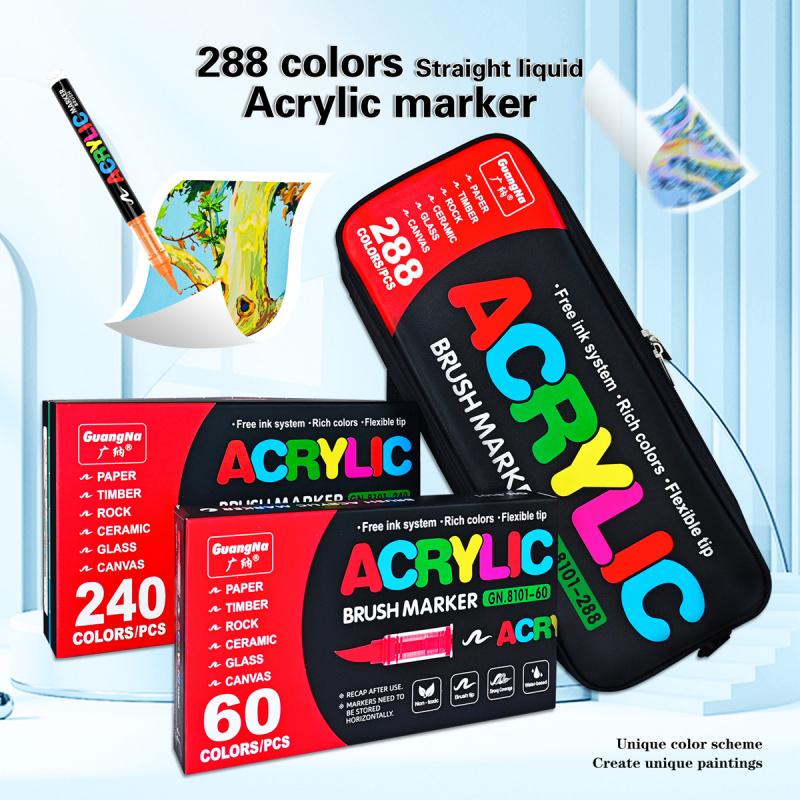 Acrylic Paint Pens with Automatic Ink Control, Guangna Brush Tip Markers for Rock, Wood, Glass, Canvas, Fabric & Ceramic DIY Crafts