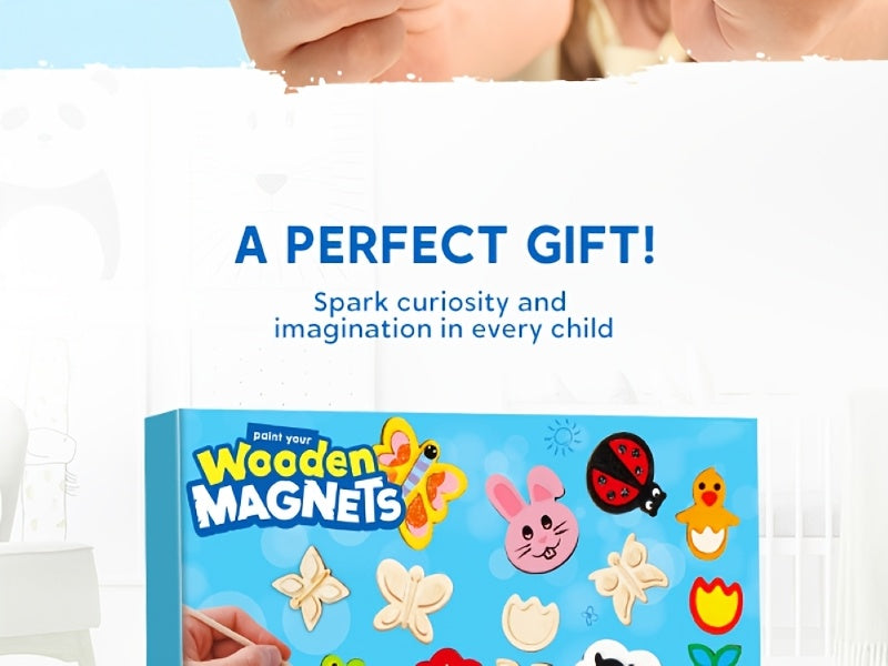 12 Wooden Magnet Painting Kit for Kids – DIY Arts & Crafts Set with Paint, Brush & Glitter Glue, Decorate Your Own Fridge Magnets, Easter Basket Stuffer, Birthday Party Favor for Boys Girls Ages 3+