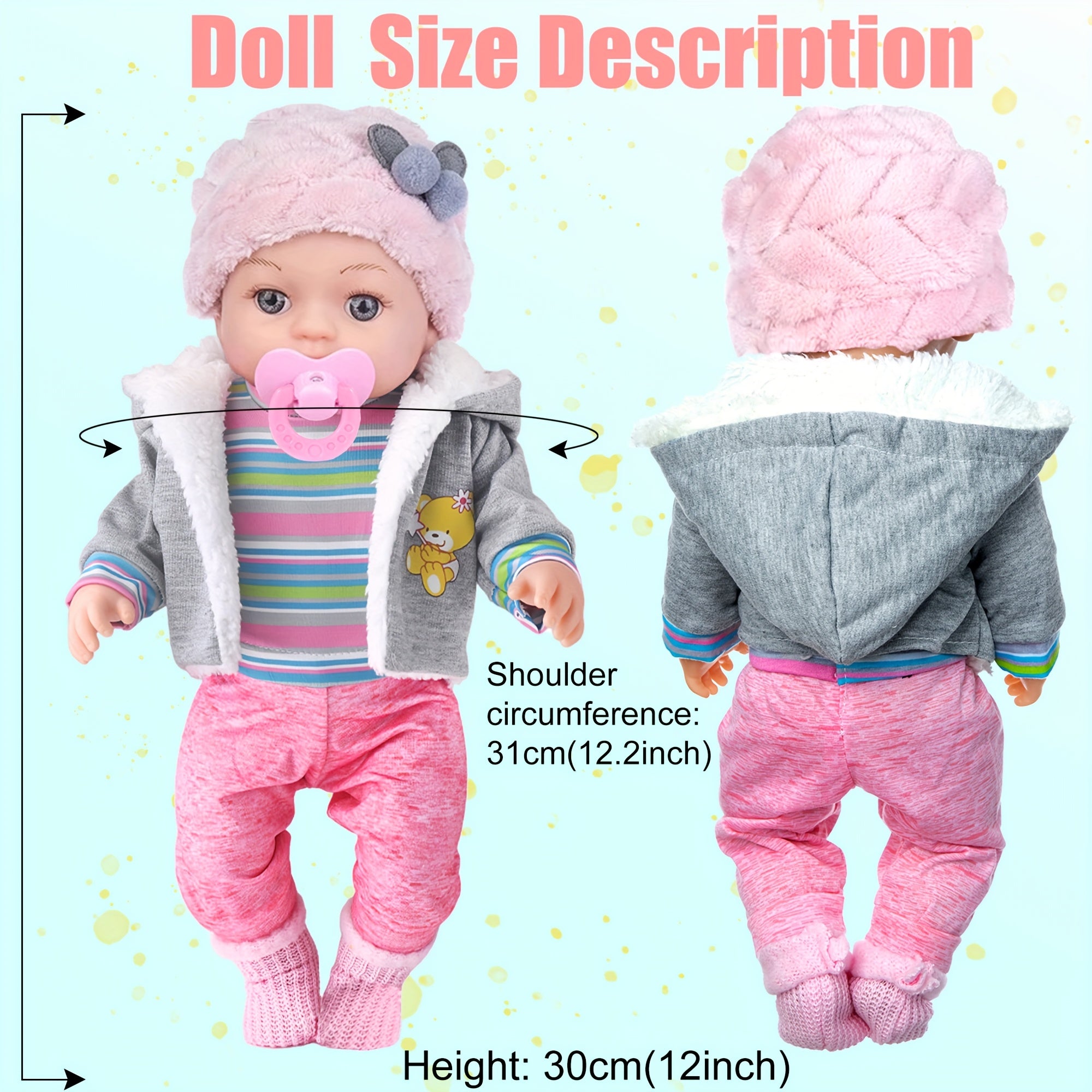 12 Inch Baby Doll Set with Winter Clothes – Coat, Outfit, Socks, Pacifier, Feeding Bottle & Utensils, Movable Limbs Nurturing Playset Gift for Girls Kids Ages 3+