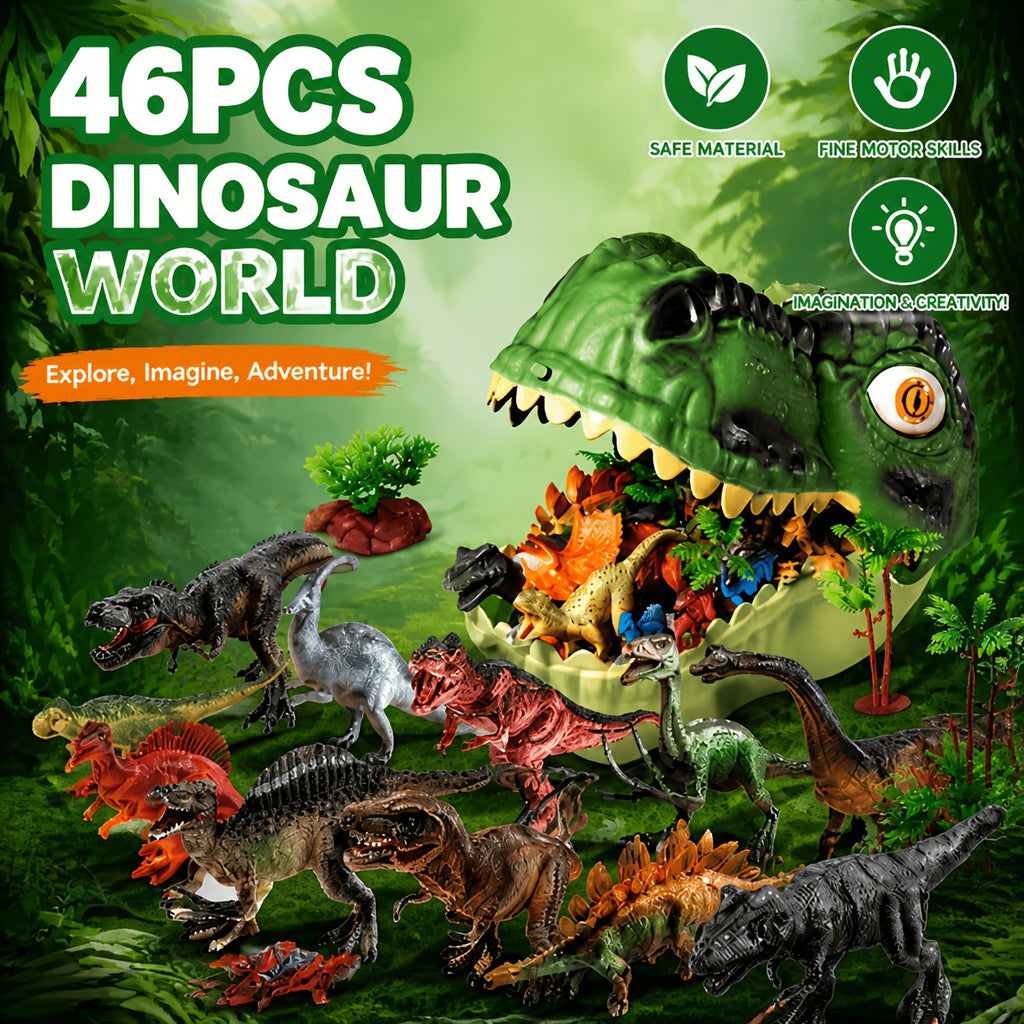 Dinosaur Toys Playset 46 Pcs for Kids – Realistic Jurassic Dinosaur Figures with Eggs, Trees & Fence, Build a Dino World, Educational Gift for Boys & Girls Ages 3+