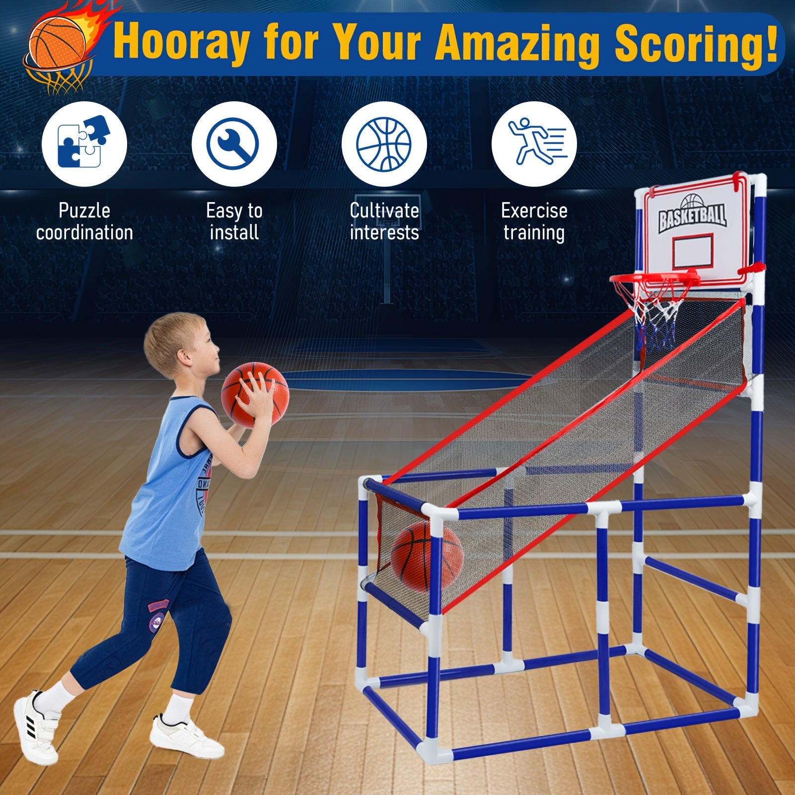 Kids Basketball Hoop Set Arcade Game with 4 Balls & Air Pump - Indoor Outdoor Sport Toy Ages 3+ - Birthday Christmas Easter Halloween Gift for Boys Girls
