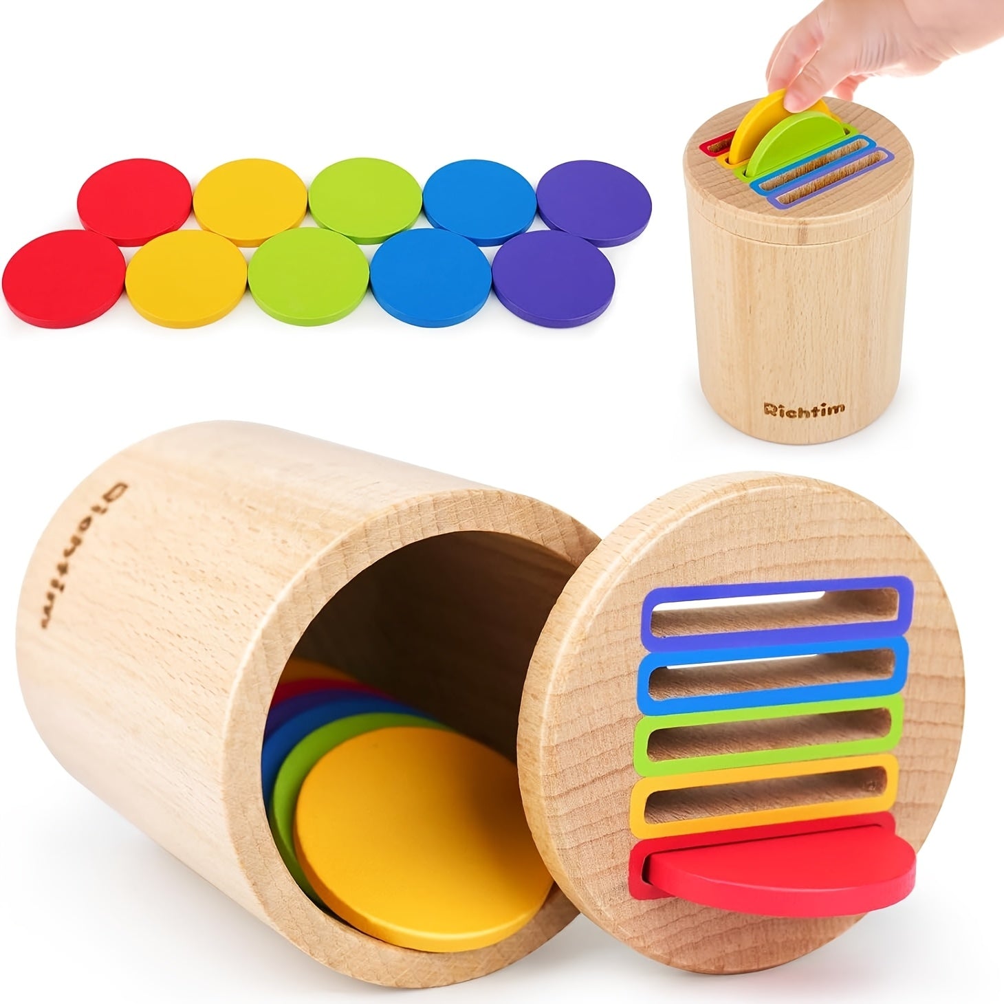 Wooden Color Sorting Toy for Toddlers 1-3 – Montessori Coin Box with 10 Colored Blocks & Drawstring Bag, Fine Motor Skills Educational Toy for Boys and Girls