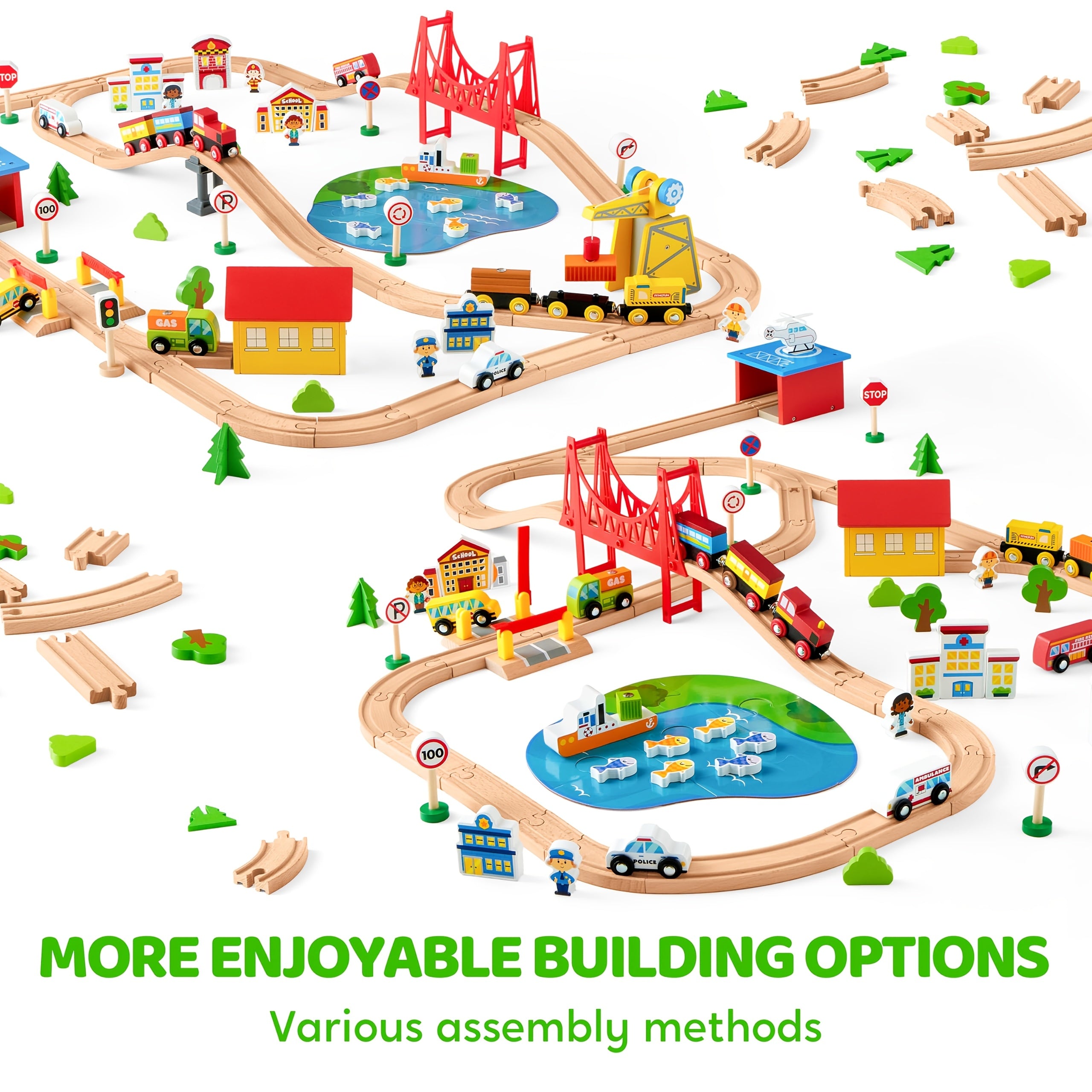 110pcs Wooden Train Set City Scene Railway – 6 Magnetic Trains, 7 City Themes, Helicopter, Ship & Vehicles, Compatible with All Brands, Birthday Christmas Gift for Kids