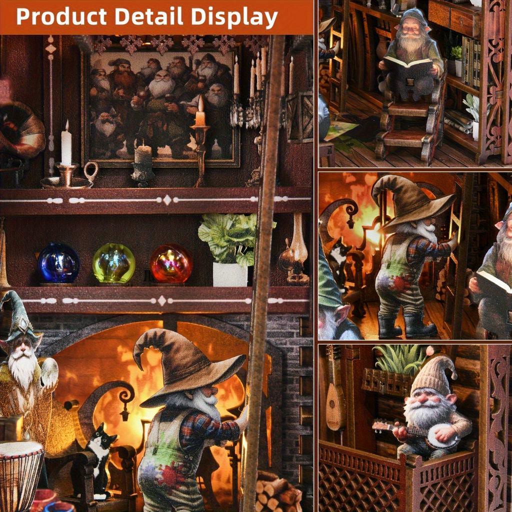 ASLOWSNAIL 3D Wooden Book Nook Kit - Dwarf House Miniature DIY Bookshelf Insert, Intricate Dark Wood Adult Puzzle & Shelf Decor, Unique Birthday 4th of July Gift for Teens Adults Ages 14+