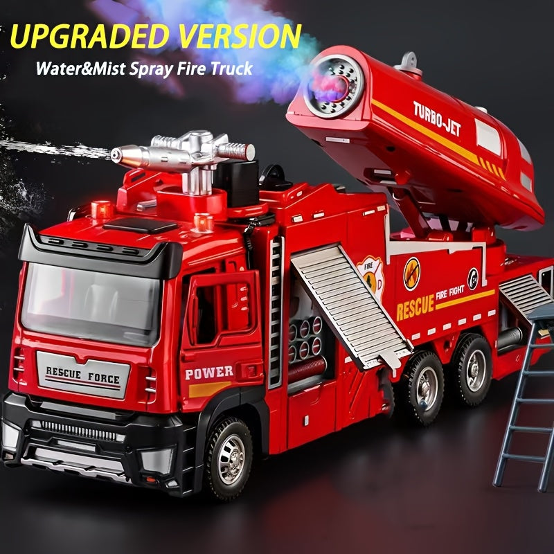 Die-Cast Fire Truck Toy with Water Mist Spray Lights Sounds Pull Back Zinc Alloy Fire Rescue Vehicle for Kids Boys Girls Ages 3+