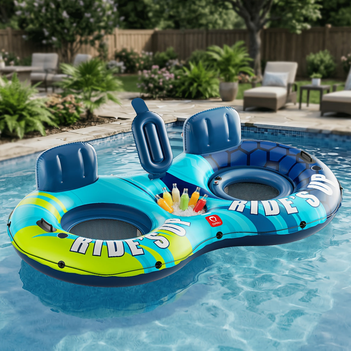 Inflatable Water Float Tube 2-Person 93 Inch 660lb Capacity Heavy Duty Pool River Lake Floating Lounge with Backrest Cooler & Cup Holders – Outdoor Summer Water Leisure