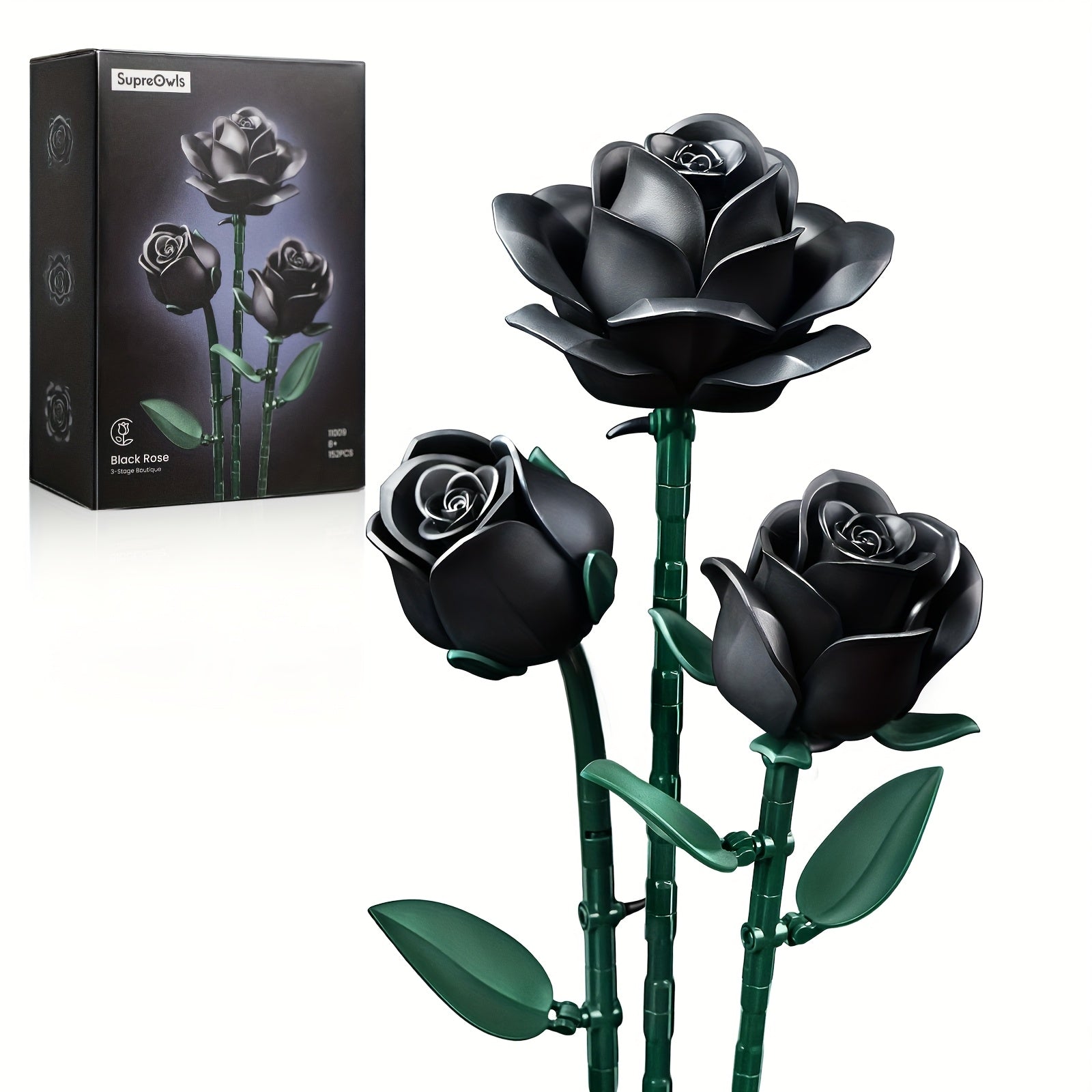 Gothic Black Rose Building Block Set 152pcs – 3 Artificial Flower Bouquet Bricks Art Piece, Unique Party Gift & Home Decor for Rose Lovers