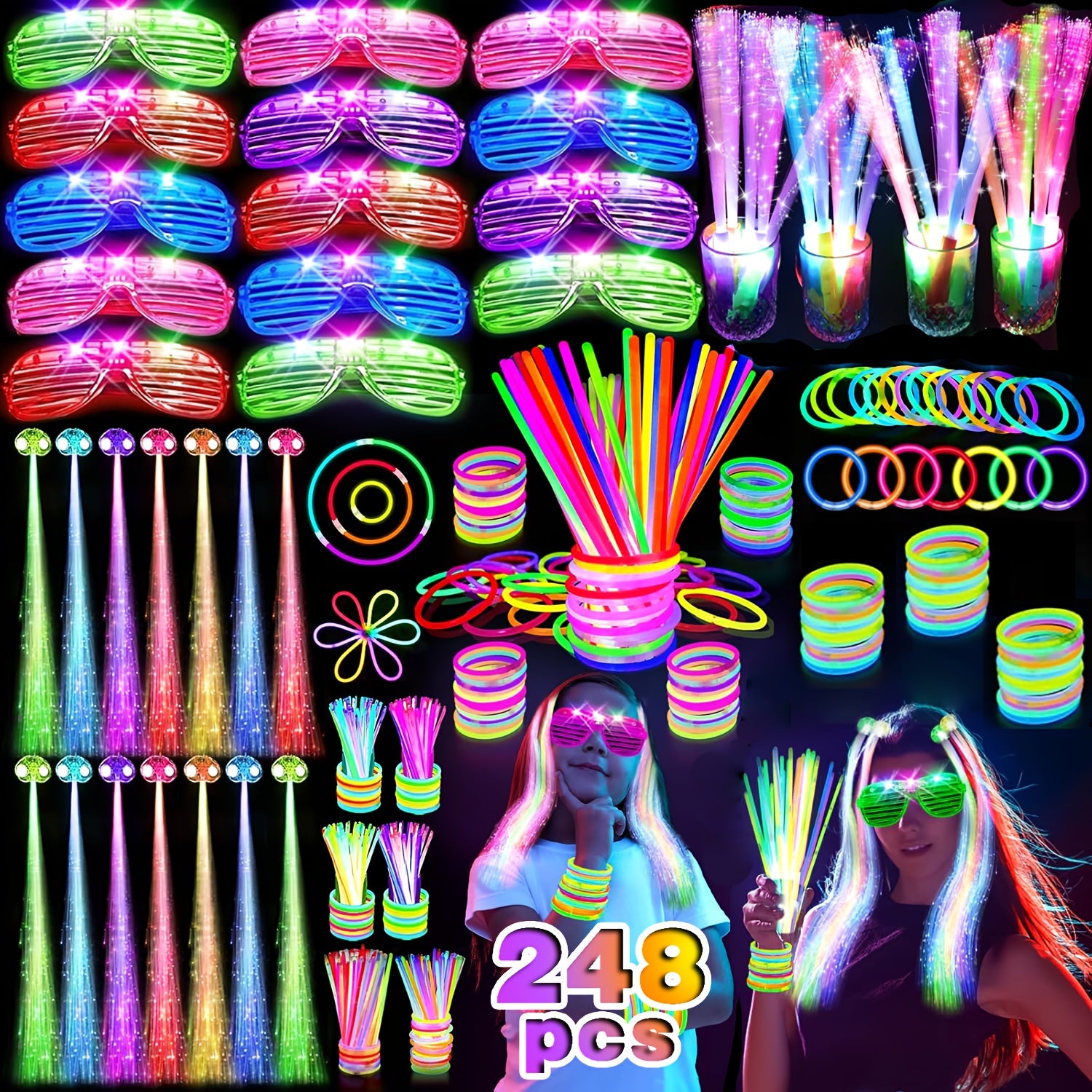 Glow in the Dark Party Supplies 248pcs – LED Glasses, Glow Sticks, LED Hair Clips & Fiber Optic Sticks for Birthday, New Year, Neon Party Favors