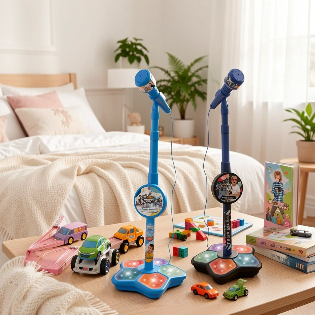 Kids Karaoke Microphone with Stand Set – Amplified Singing Toy Mic for Girls Boys Toddlers, Birthday Gift, Music Play