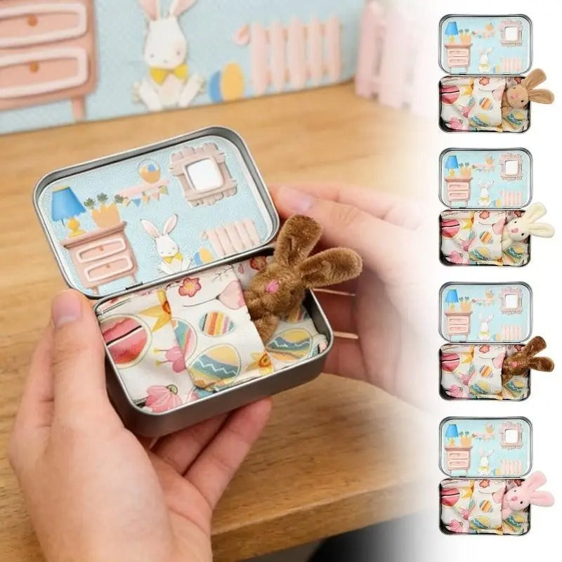 Mini Bunny Adoption Set Pocket Dollhouse Bunnies with Accessories in Decorative Tin Box – 4 Styles Easter Basket Gift Miniature Collector Toy Ages 3+