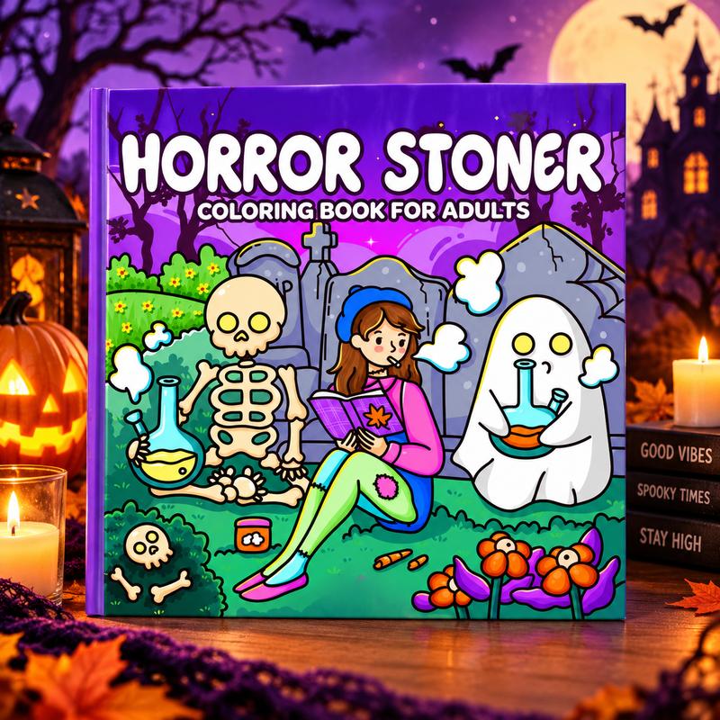 Halloween Coloring Book for Adults, Horror Stoner Edition with 35 Spooky-Cute Illustrations, 8.5-Inch Square Art Book for Cozy Fall Evenings and Gifts