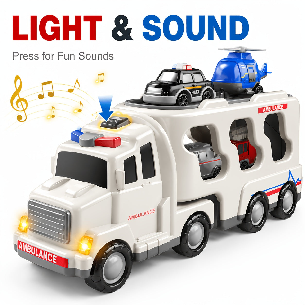 5-in-1 Emergency Vehicle Toy Set with Lights & Sounds – Friction Power Ambulance, Police Car, Fire Truck & Rescue Helicopter for Kids