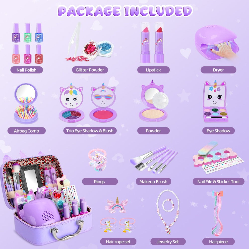 Kids Washable Makeup & Nail Art Set 2-in-1 Princess Toy for Girls Ages 3+ – Complete Cosmetic Kit with Nail Polish Eyeshadow Lipstick Wig Jewelry Birthday Valentine Christmas Gift