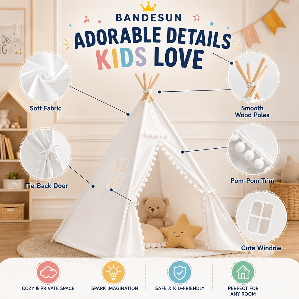 Kids Teepee Tent for Girls Boys, Indoor Outdoor Play Tent with Washable Fabric, Nordic Princess Conical Playhouse for Bedroom Backyard, Birthday Christmas Gift Ages 3+ (No Padding)