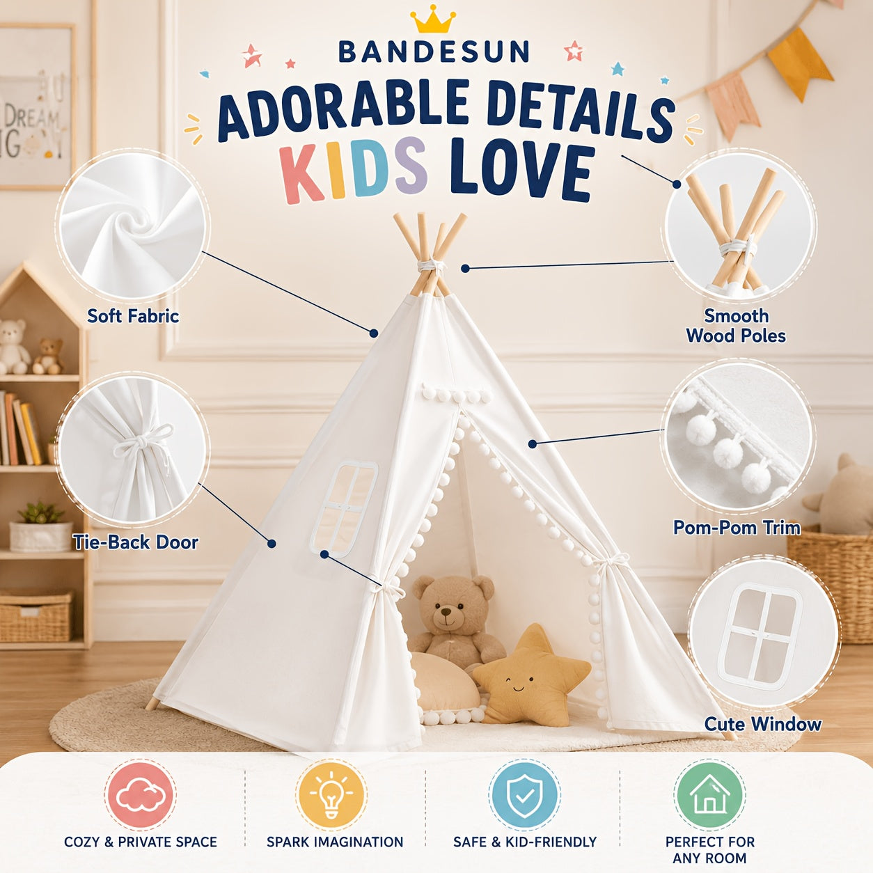 Kids Teepee Tent for Girls Boys, Indoor Outdoor Play Tent with Washable Fabric, Nordic Princess Conical Playhouse for Bedroom Backyard, Birthday Christmas Gift Ages 3+ (No Padding)