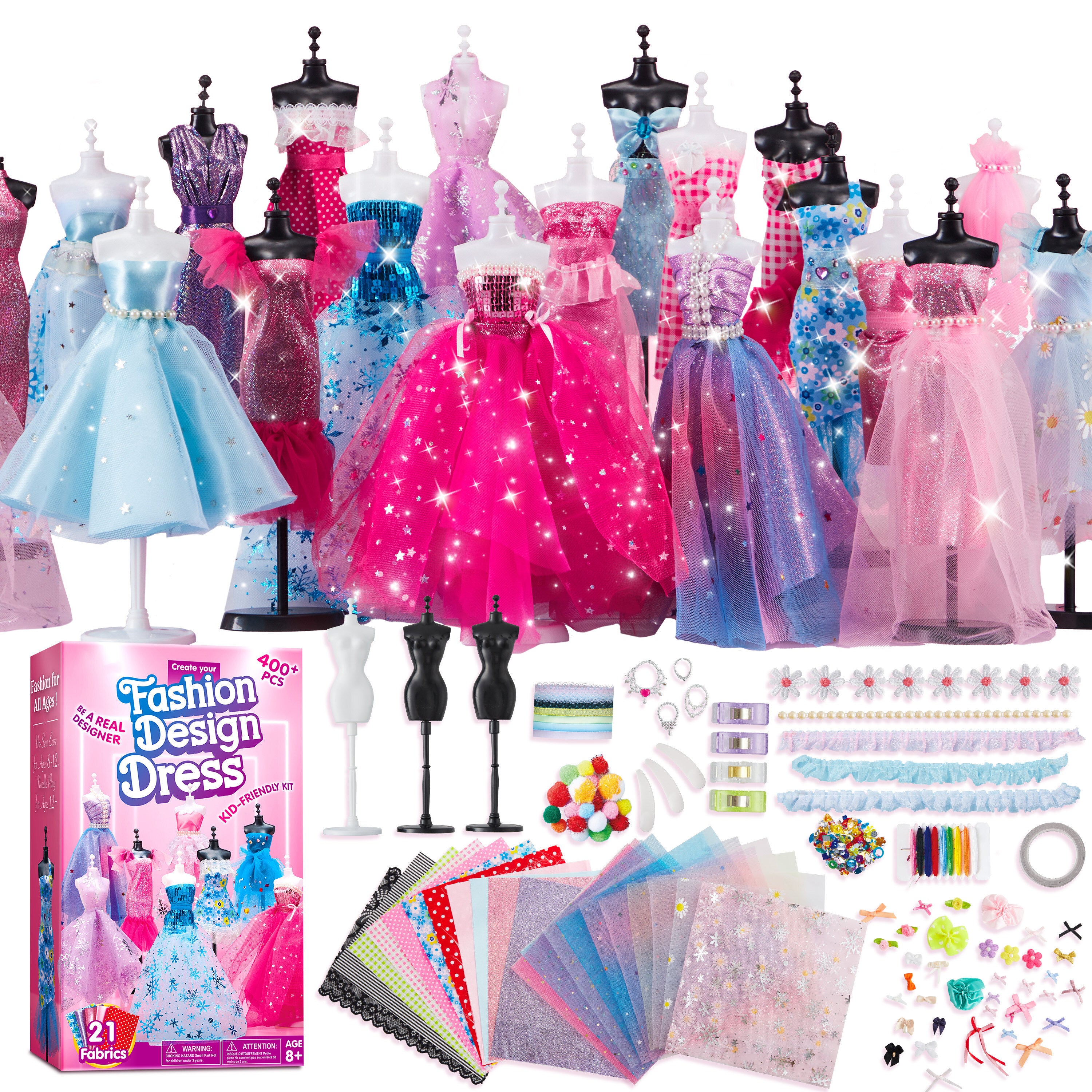 Fashion Design Kit for Girls 400PCS DIY Sewing Craft Set with 3 Mannequins No-Sew Fabric Art Toy Birthday Gift for Kids Ages 8-12