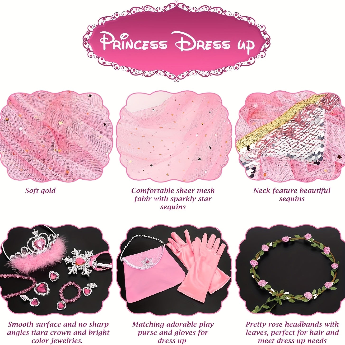Princess Cape Dress Up Set 12pcs for Girls with Purse Gloves Tiara Jewelry Headband – Kids Costume Accessories for Birthday Halloween Christmas Cosplay Party Gift