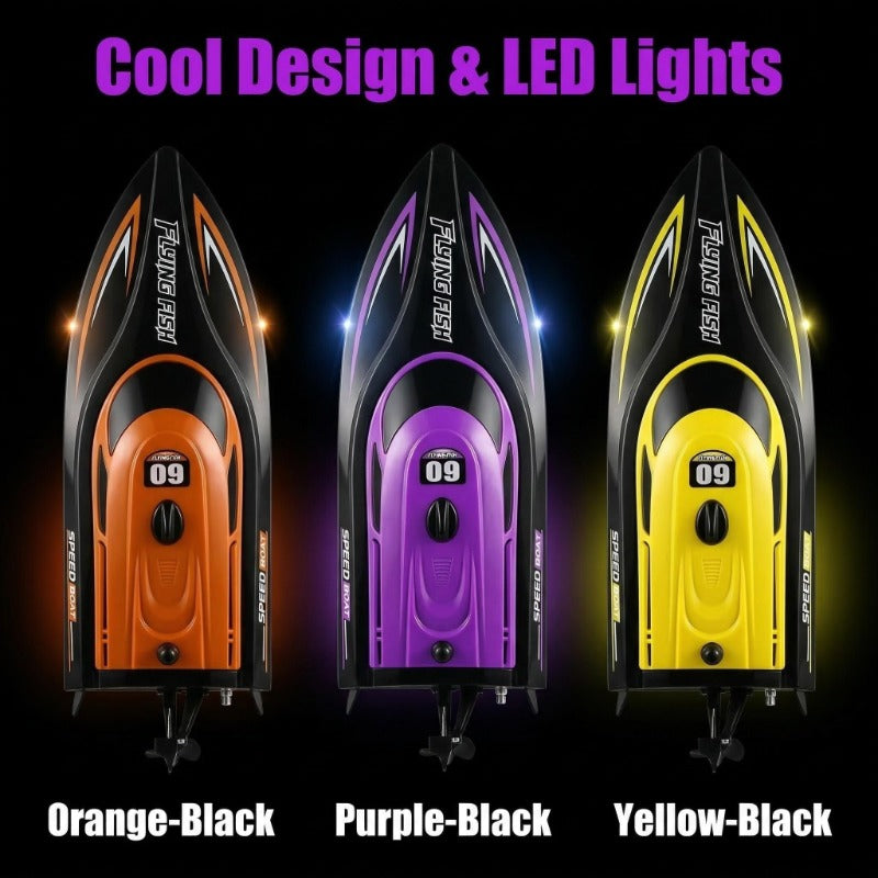 Remote Control Boat for Kids 25KM/H LED Night Light Effect Pool Lake Racing RC Hovercraft Toy One-Touch Speed Control Outdoor Water Toy Ages 6+