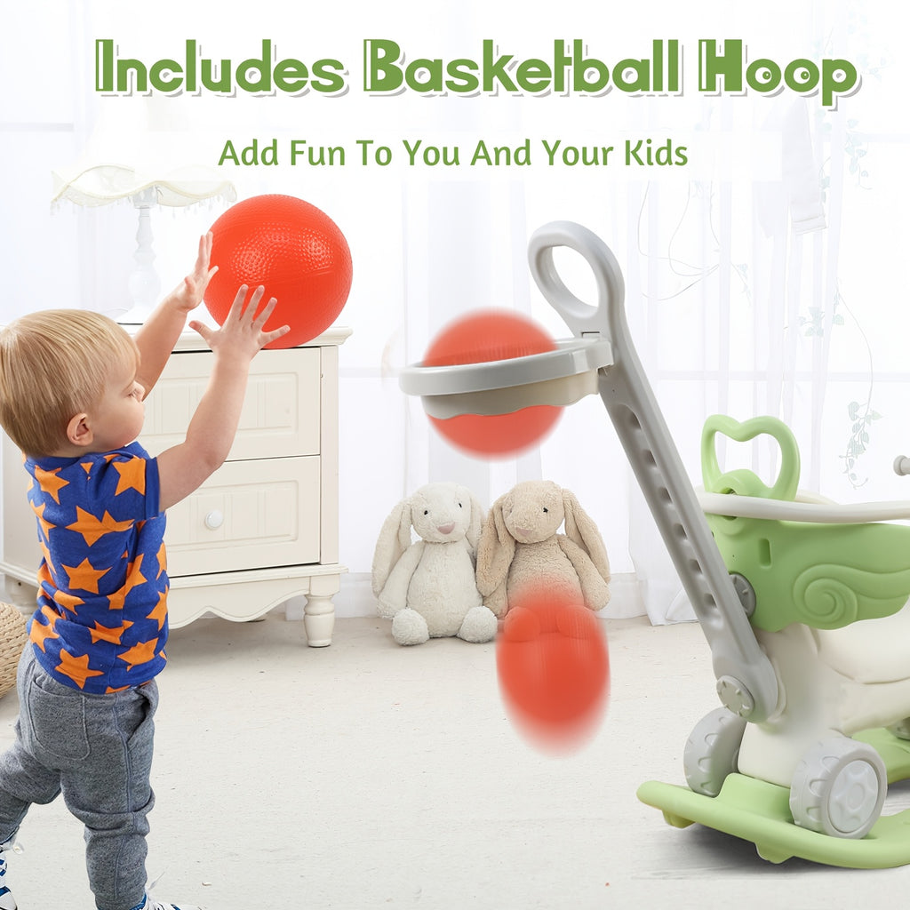 4-in-1 Rocking Horse with Basketball Hoop & Safety Push Rod for Toddlers 1+ – Ride-On Bike, Balance Bike & Balance Board, Indoor Outdoor Baby Balance Toy, Birthday Gift Boys & Girls
