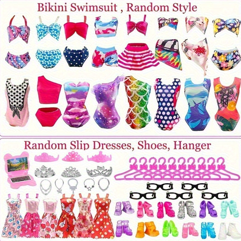 54pcs Doll Clothes & Accessories Set for 11-12 Inch Fashion Dolls – Bridal Gowns, Evening Dresses, Swimsuits, Shoes, Glasses & Hangers, Complete Wardrobe Gift for Girls Ages 3+, Random Color