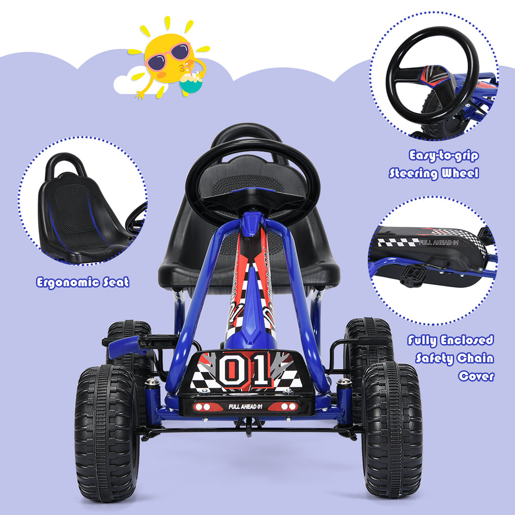 Kids Pedal Go Kart 4-Wheel Ride On Car Adjustable Seat Handbrake Non-Slip Wheels No Battery Outdoor Racing Toy Boys Girls Ages 3 4 5 6 Birthday Christmas Gift