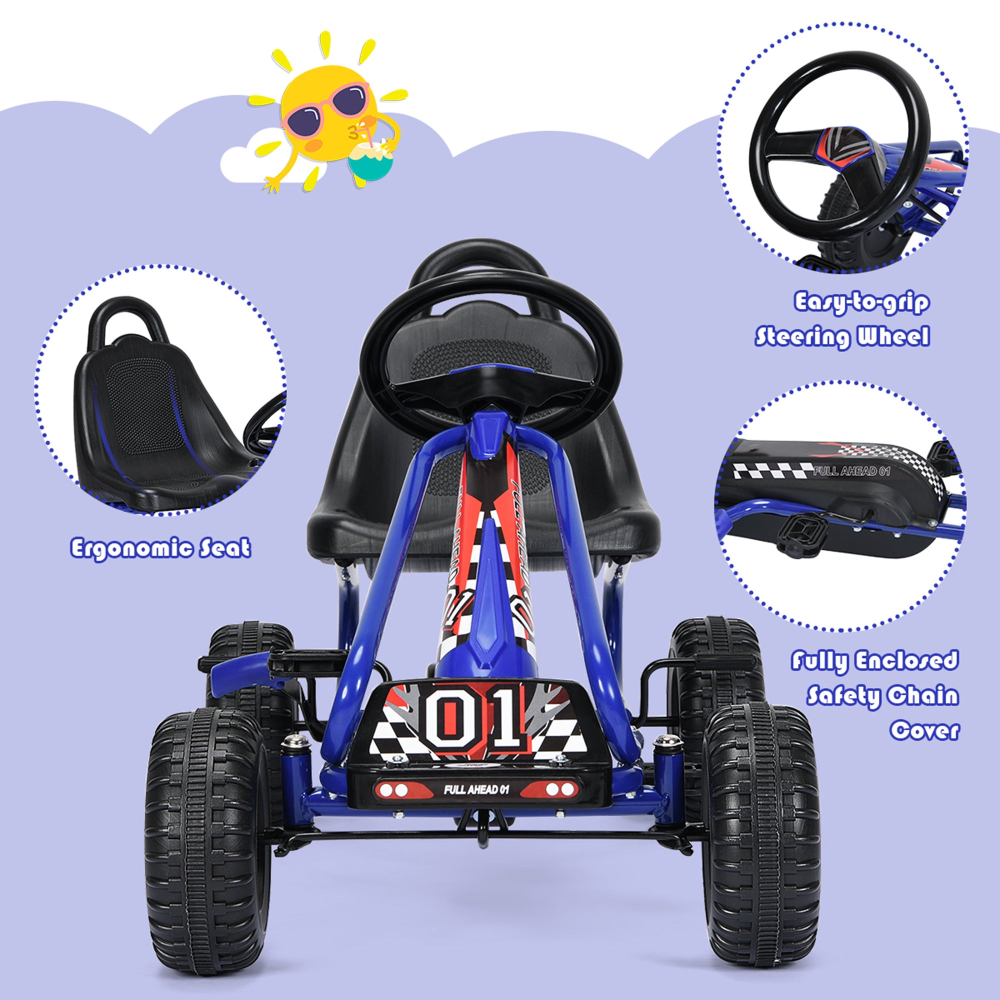 Kids Pedal Go Kart 4-Wheel Ride On Car Adjustable Seat Handbrake Non-Slip Wheels No Battery Outdoor Racing Toy Boys Girls Ages 3 4 5 6 Birthday Christmas Gift
