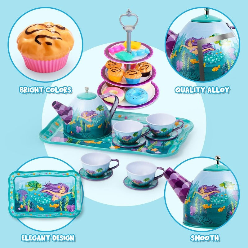 Mermaid Tea Party Set for Kids 35 Pcs Pretend Play Tin Teapot Set with Desserts 3-Tier Cake Stand Carrying Case Princess Tea Time Birthday Easter Christmas Gift