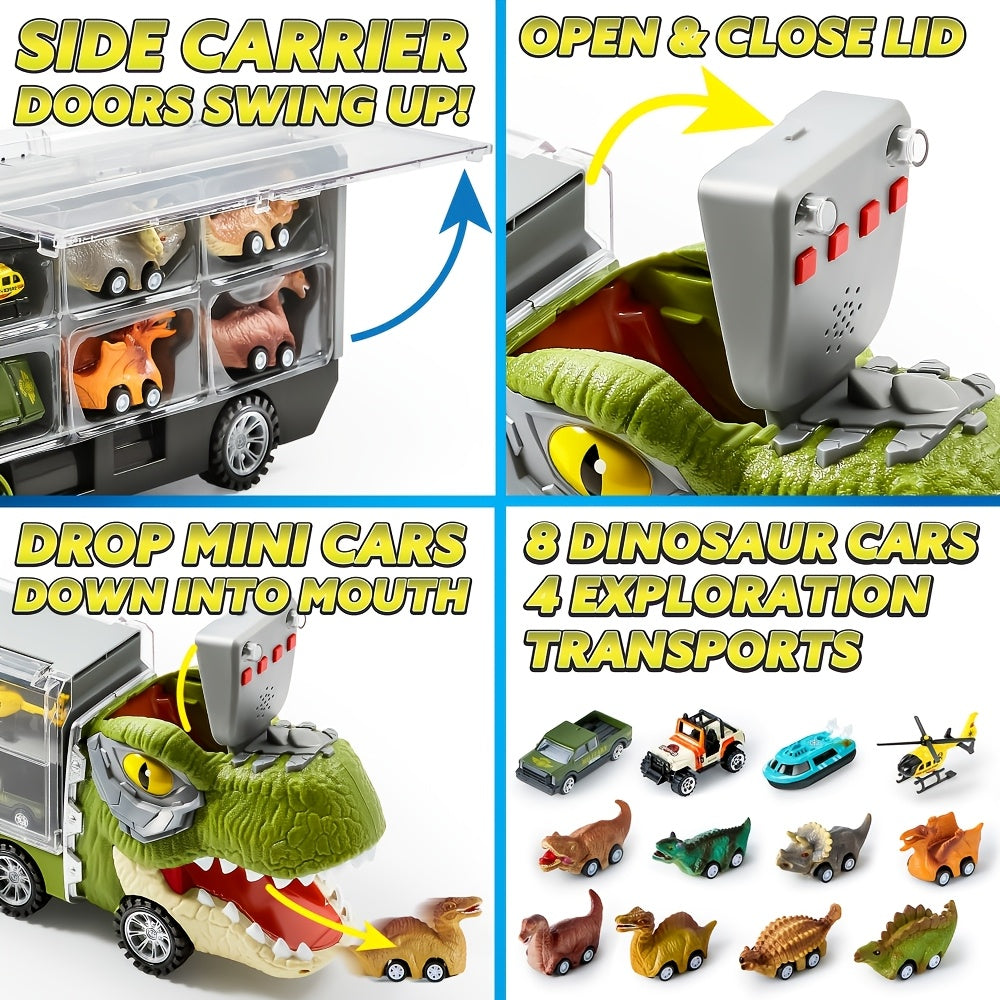 Dinosaur Truck Toy Set 13-in-1 for Kids – Transport Carrier with Sound & Lights, 12 Pull-Back Dino Cars & Helicopter, Birthday Gift for Boys Ages 3 4 5