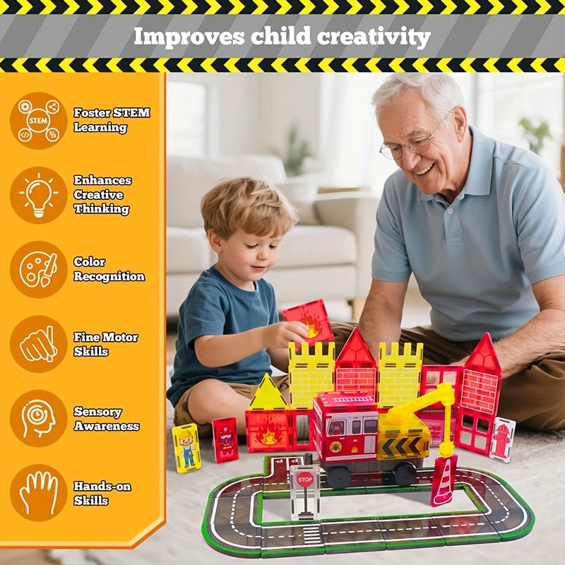 Magnetic Tiles Fire Rescue Set for Kids Ages 3+ – STEM Construction Toy with Fire Truck, Crane, Building & Road Tiles – Firefighting Magnetic Building Blocks Birthday Christmas Gift for Boys & Girls